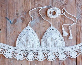 Crochet bikini top crop top with lacing ivory handmade bikini top with tassels festival clothes coachella top hippie boho top