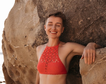 Crochet Bikini Top, Halter Top, Coral crochet bikini set, crochet swimsuit