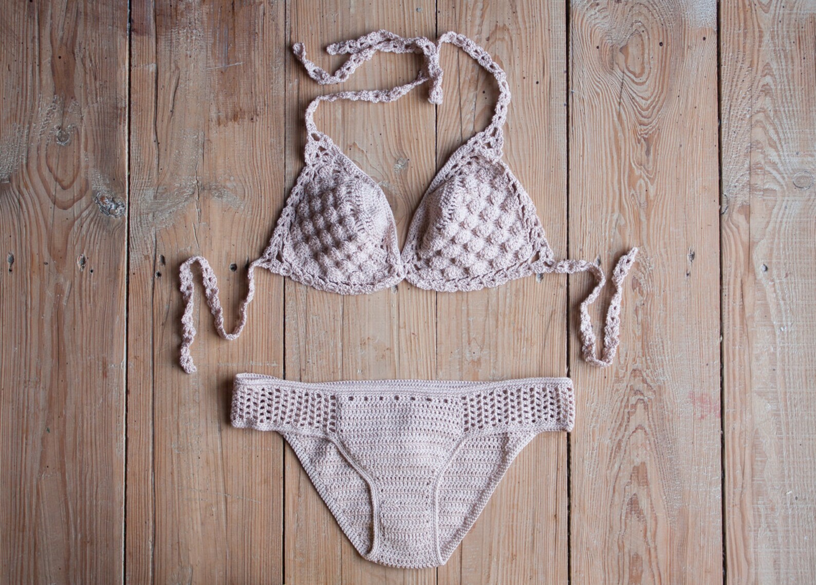 Beige Crochet Halter Shorts Bikini Set