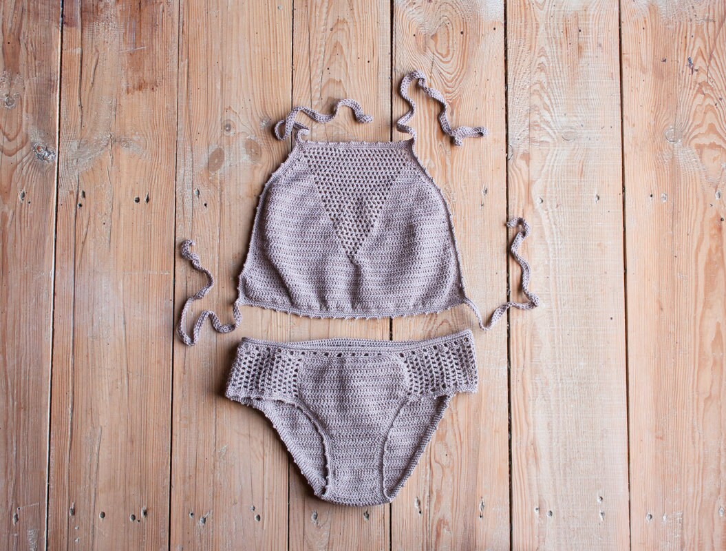 Crocheted Halter Tube Top Bikini Swimsuit