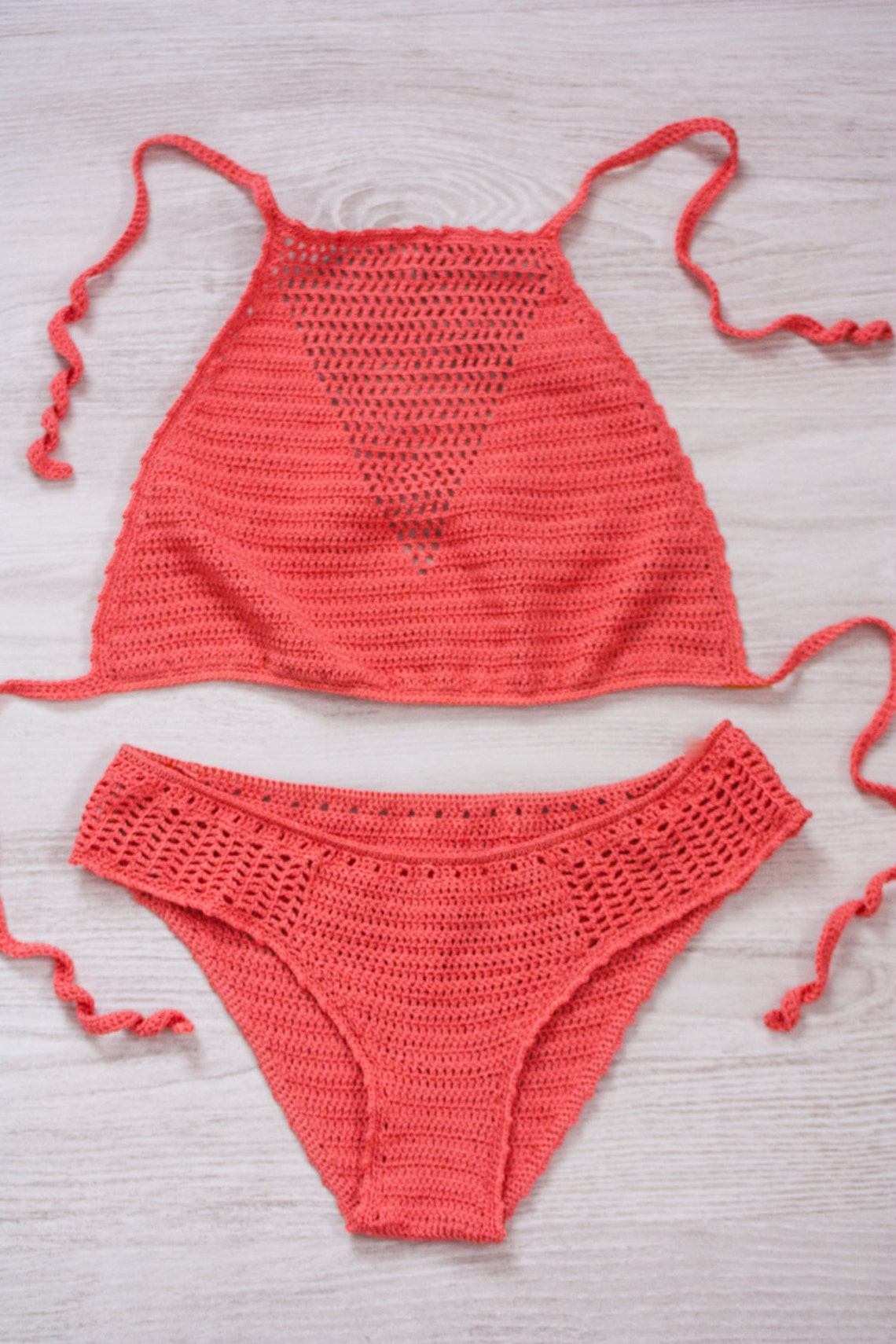 Coral Crochet Bikini Halter Neck Swimsuit Handmade Bathing Etsy