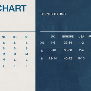 May include: Size chart for bikini tops and bottoms, with size conversions for UK, Europe, USA, and Australia. Includes sizes XS, S, M, and L, with corresponding numerical and letter designations for tops and bottoms.