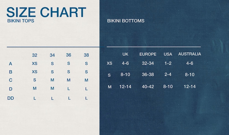 May include: Size chart for bikini tops and bottoms, with size conversions for UK, Europe, USA, and Australia. Includes sizes XS, S, M, and L, with corresponding numerical and letter designations for tops and bottoms.