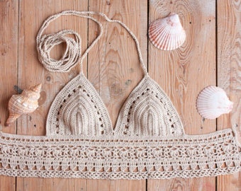 Crochet top, Crochet Bikini top, Boho Beachwear,  Summer top, Beige Halter top, Crochet swimwear