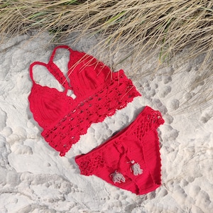 Crochet bikini set crochet swimsuit red womens swimming suit sexy red bathing suit gift for her