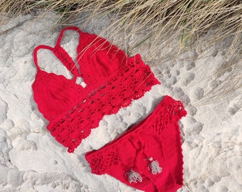 Crochet bikini set crochet swimsuit red womens swimming suit sexy red bathing suit gift for her