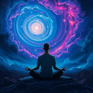 May include: A person meditating on a rock, silhouetted against a swirling vortex of blue, purple, and pink clouds. The image evokes a sense of peace and cosmic connection, with a bright light at the center.