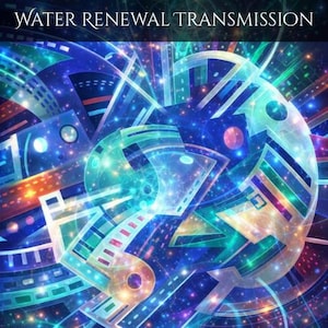 Può includere: Opera d'arte digitale astratta con il testo "WATER RENEWAL TRANSMISSION" in alto. L'immagine presenta un complesso design di forme geometriche e linee nelle tonalità di blu, verde, arancione e viola, con un effetto luminoso ed etereo.