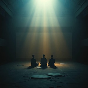 Könnte beinhalten: Eine künstlerische Aufnahme aus niedriger Perspektive von drei Figuren in Silhouette, die in einem schwach beleuchteten Raum sitzen. Lichtstrahlen von oben beleuchten die Figuren und den Boden. Die Figuren sitzen auf kreisförmigen Plattformen.