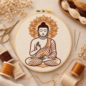 Beginner Embroidery Kit – Meditation Buddha & Lotus – DIY Zen Embroidery with Pre-Printed Fabric, Threads and Hoop