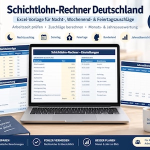 Könnte beinhalten: Eine digitale Excel-Vorlage zur Schichtlohn-Berechnung in Deutschland auf einem Laptop-Bildschirm. Die Benutzeroberfläche zeigt Einstellungen, Feiertagslisten und Monatsauswertungen. Enthält Symbole für Nachtzuschläge, Sonntage und Feiertage.