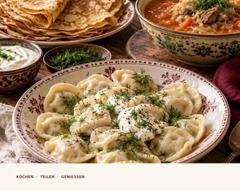 Könnte beinhalten: Ein Teller mit gekochten Teigtaschen, garniert mit saurer Sahne und frischem Dill, dazu eine Schüssel Suppe, ein Stapel dünner Pfannkuchen und eine kleine Schale mit Kräutern. Der Text unten lautet KOCHEN TEILEN GENIESSEN Russische Rezepte.