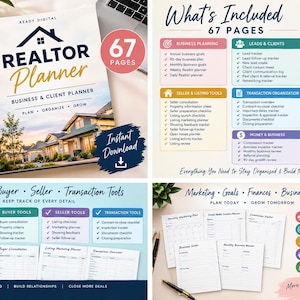 May include: A spiral-bound Realtor Planner with 67 pages, featuring a house image on the cover. The digital product includes various templates for business planning, client tracking, buyer and seller tools, transaction organization, and marketing growth.