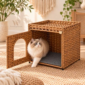 Puede incluir: Una casa para mascotas de mimbre tejido marrón con marco cuadrado y parte superior plana. La estructura cuenta con una puerta arqueada abierta en el panel frontal y una alfombrilla gris texturizada en el interior. Un gato sale por la puerta.