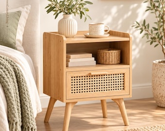 Boho rotan nachtkastje, nachtkastje van natuurlijk hout met lade, bijzettafel van riet, rieten nachtkastje met plank, slaapkamermeubels in mid-century stijl