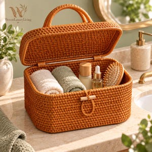 Handwoven Rattan Storage Basket with Lid and Handle, Wicker Organizer Box, Boho Bathroom Storage, Vanity Organizer