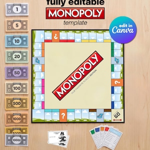 以下が含まれることがあります： Monopoly Our Favorite Places Editionというテキストが中央に配置されたモノポリーボードゲームのテンプレート。1から10000までの額面の紙幣、Community Chestカード、ゲームカードが含まれており、fully editable Monopoly templateというテキストが記載されています。