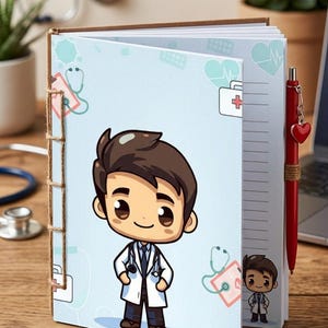 Puede incluir: Un cuaderno azul claro con una ilustración de un médico de dibujos animados en la portada, encuadernado con cordel visible a lo largo del lomo. Las páginas están rayadas e incluyen un pequeño gráfico de médico. Un bolígrafo rojo con un corazón.