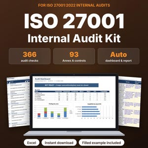 Può includere: Un kit di audit interno ISO 27001:2022 con 366 controlli di audit, 93 controlli dell'Allegato A, dashboard e report automatici. Lo schermo mostra un laptop con una dashboard di audit, Excel, download istantaneo ed esempio compilato incluso.