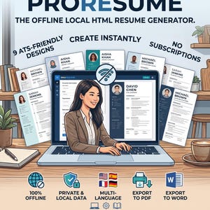 May include: A digital advertisement for ProResume, an offline HTML resume generator. The graphic features a laptop displaying a resume interface, surrounded by various resume templates, icons for offline use, PDF and Word export options.