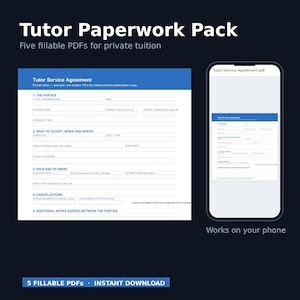 Paquete de documentación para tutores privados, formularios PDF rellenables (contrato de servicios, admisión de alumnos, factura, informe de progreso, registro de comunicación con los padres).