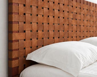 Woven Leather Headboard, Wall Mounted Bed Backrest, Custom Queen King, Natural Boho Bedroom Decor