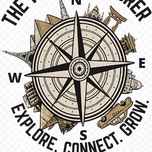 Könnte beinhalten: Eine kreisförmige Grafik mit einer zentralen Kompassrose, umgeben von Silhouetten weltweiter Wahrzeichen wie dem Eiffelturm, Pyramiden und einem Torii-Tor. Der Text THE WORLD EXPLORER und EXPLORE. CONNECT. GROW. umrahmt den Kompass.