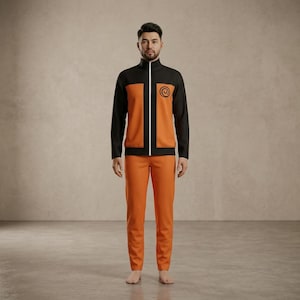 Könnte beinhalten: Ein zweiteiliges Outfit bestehend aus einer langärmeligen Jacke und einer passenden Hose. Die Jacke hat einen schwarzen oberen Teil und Ärmel, orangefarbene Einsätze auf der Brust und einen weißen Reißverschluss in der Mitte.