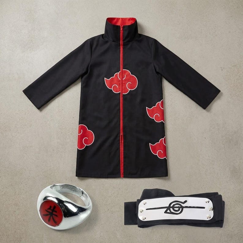 Akatsuki Cloak Costume – Black & Red Clouds Cosplay Outfit Set ...