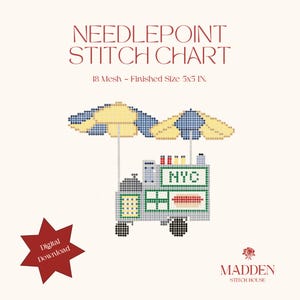 May include: A needlepoint stitch chart featuring a food cart with two yellow and blue umbrellas. The cart has the text NYC and a hot dog graphic. It specifies 18 mesh and a finished size of 12.7x12.7 cm. A red star icon indicates a digital download.