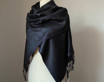 Black on Black Roses Pashmina shawl, Reversible Flower Scarf,  Two options: Pashmina shawl or Infinity Scarf