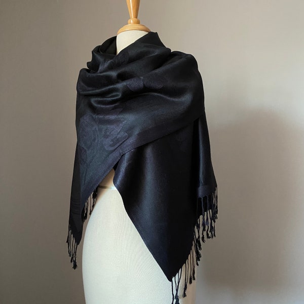 Black on Black Roses Pashmina shawl, Reversible Flower Scarf,  Two options: Pashmina shawl or Infinity Scarf