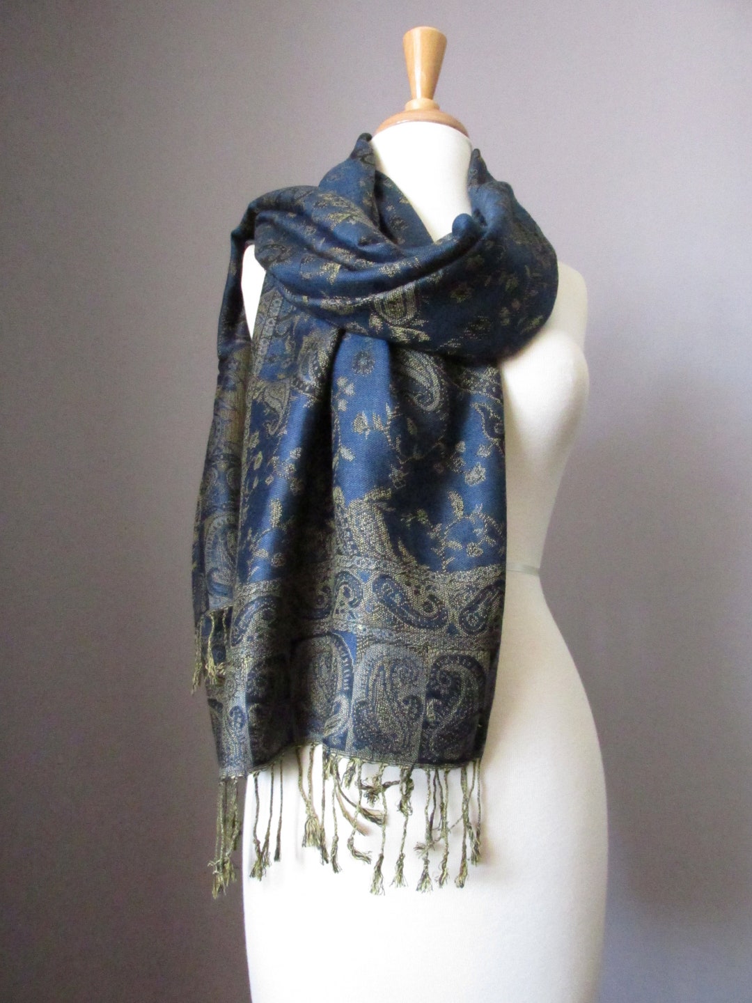 Pashmina Shawl in Dark Blue Navy With Golden Paisley, Two Options Shawl ...