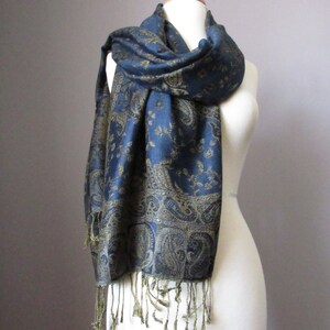 Pashmina shawl in Dark Blue Navy with golden paisley, Two options Shawl or Infinity scarf