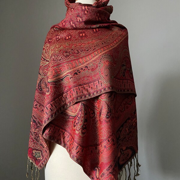 Pashmina shawl, Detailed Paisley design, Brick Red, Two options Shawl or Infinity scarf