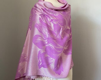 Châle pashmina lilas ivoire, écharpe légère pour femmes, châle floral pashmina, accessoires de mariage