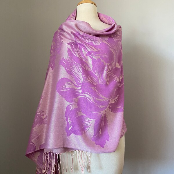 Châle pashmina lilas ivoire, écharpe légère pour femme, châle pashmina floral, accessoires de mariage