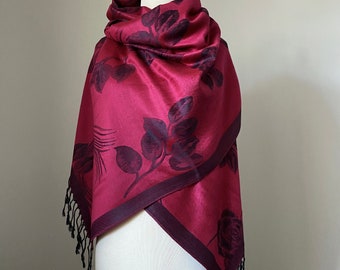 Ruby Red Large Roses Pashmina shawl, Noble Red Reversible Flower Scarf,  Two options: Pashmina shawl or Infinity Scarf