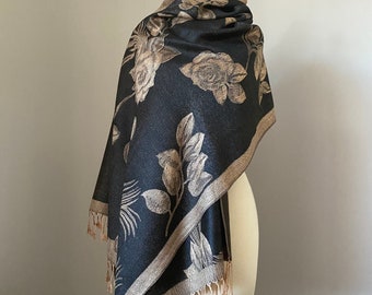 Reversible Black Pashmina shawl scarf, Large  Roses shawl,Two options: Pashmina shawl or Infinity Scarf
