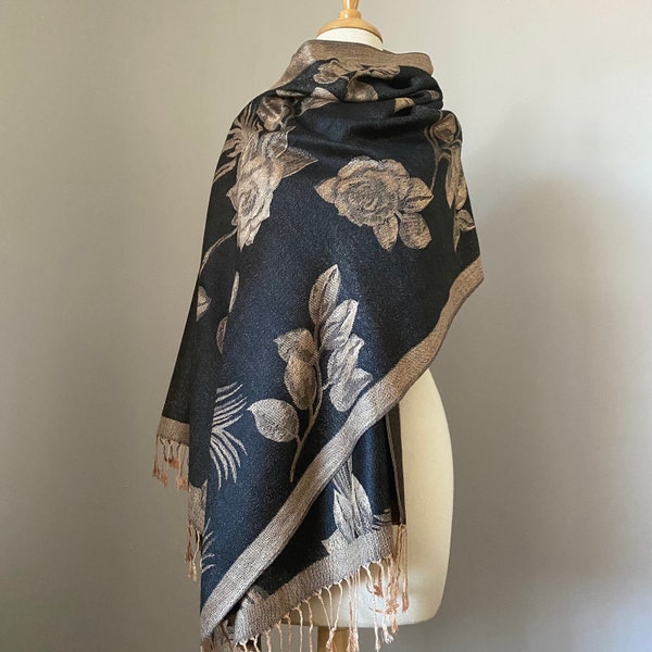 Reversible Black Pashmina shawl scarf, Large  Roses shawl,Two options: Pashmina shawl or Infinity Scarf