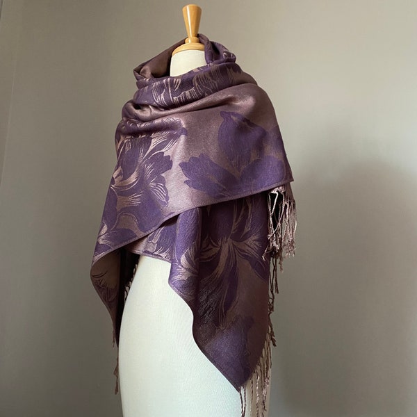 Two sided pashmina shawl/ Purple Tan large scarf for women/ Classic elegant style/ Two options: Pashmina shawl or Infinity Scarf