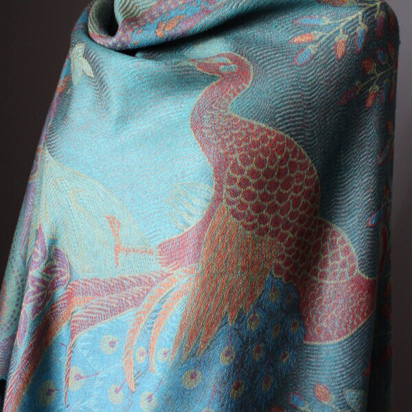 Luxe Peacock Pashmina Schal in Cyan Blau