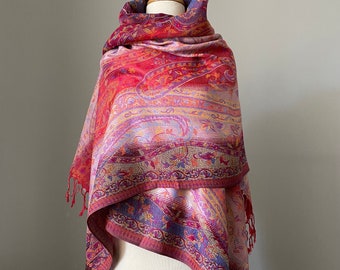 Large paisley shawl; Ombré Red tones scarf; Two styles: Shawl or Infinity scarf