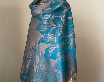 Teal Green pashmina shawl, Floral Pashmina Shawl, Reversible Scarf Head Wraps, Bridesmaid gift