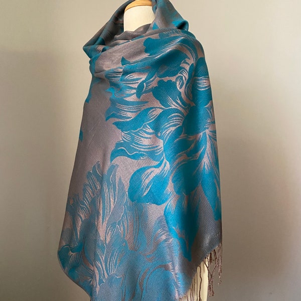 Teal Green pashmina shawl, Floral Pashmina Shawl, Reversible Scarf Head Wraps, Bridesmaid gift