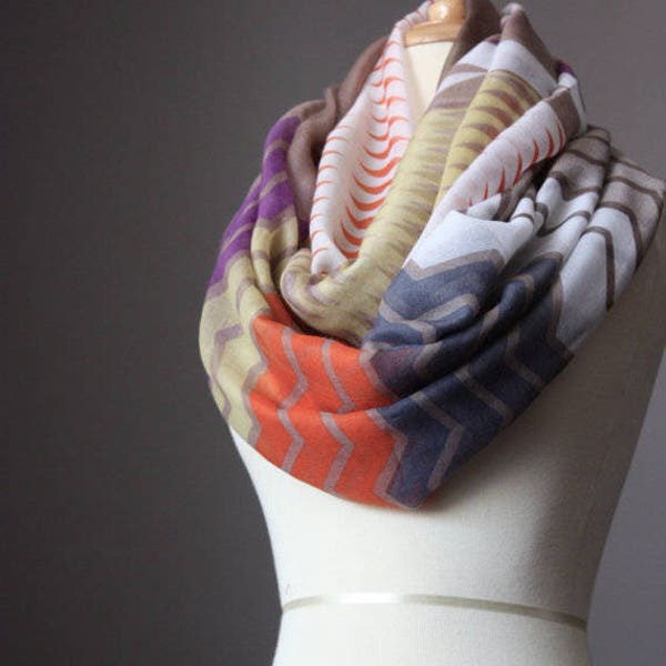 Taupe/Orange/Ivory/Khaki light infinity scarf, chevron pattern, printed scarf, gift for her