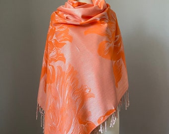 Orange Ivory floral pashmina shawl/Reversible style rectangular scarf/ Fringed shawl/ Head covers for women/ Christmas gift