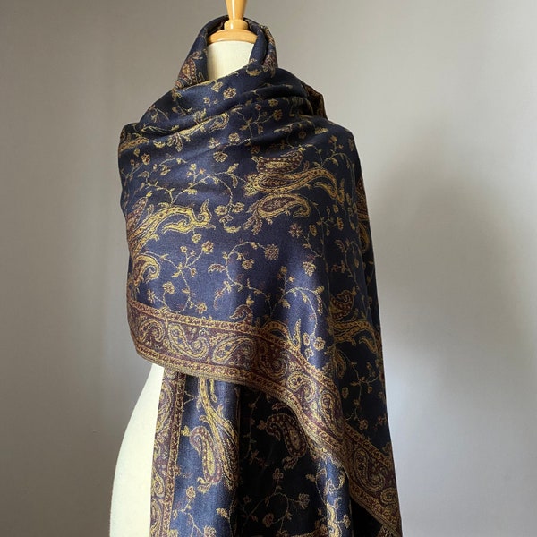 Darkest Navy almost Black Pashmina Scarf with Vintage Brocade Paisley , Two style options - Pashmina shawl or Infinity Scarf