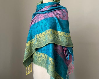 Blue tones multi pattern paisley shawl; Ombré Blue tones scarf; Two styles: Shawl or Infinity scarf