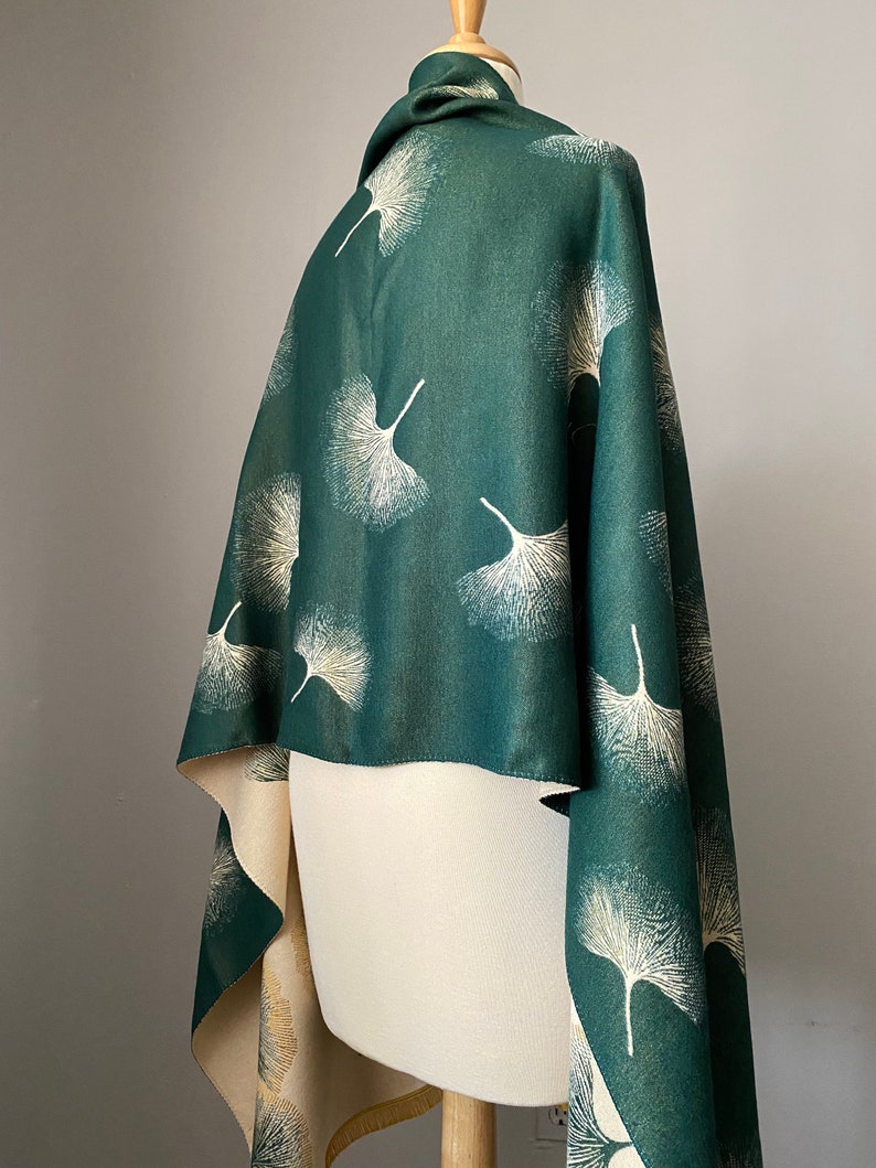 Reversible Floral winter scarf Hunter Green/ Ivory , Luxury collection Amazing Gift for woman, chose your style pashmina or infinity scarf image 5